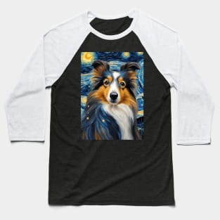 Adorable Shetland Sheepdog Dog Breed Painting in a Van Gogh Starry Night Art Style Baseball T-Shirt